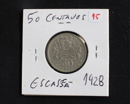 Moeda da República Portuguesa de 50 centavos de Alpaca 1928 , RARA neste estado de conservação BELA +