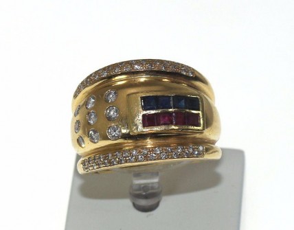 Anel em Ouro (19.2 Quilates) Diamantes Rubis e Safira