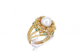 Anel ANTIGO em Ouro de 19,2K DIAMANTES ESMERALDAS e PÉROLA NATURAL