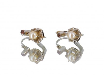 Brincos Antigos em Ouro Branco 19,2K Quartzo e Pérolas Naturais