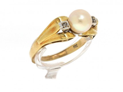 Anel em OURO bicolor de 18K, DIAMANTES e PÉROLA NATURAL