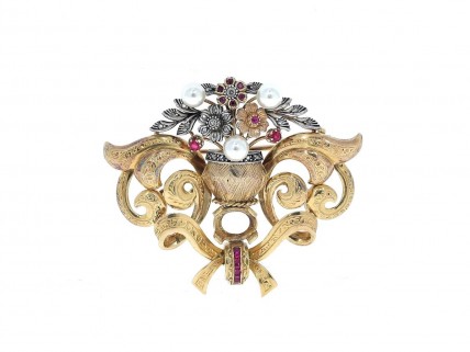 Alfinete ANTIGO em OURO, PRATA, DIAMANTES, TOPÁZIOS e PÉROLAS NATURAIS