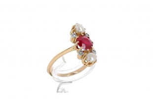 Anel Antigo em OURO de 18K Diamantes Rubi e Pérolas Naturais