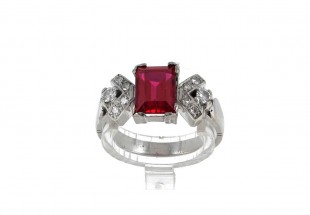  Anel ANTIGO em OURO Branco de 19,2K DIAMANTES e RUBI