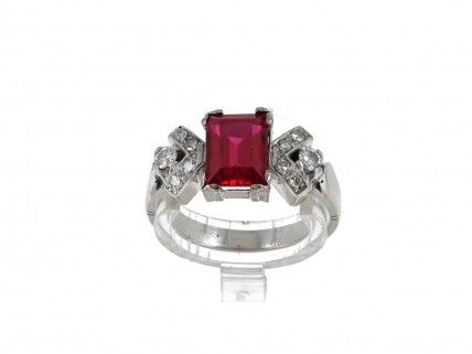  Anel ANTIGO em OURO Branco de 19,2K DIAMANTES e RUBI