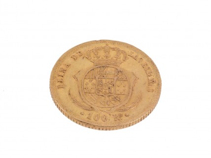 MOEDA DE 100 Reals 1862, ISABEL II - OURO 900