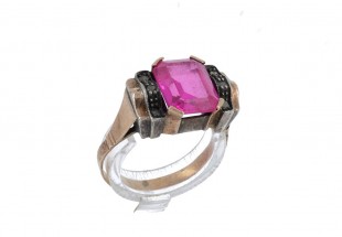 Anel ANTIGO em OURO 19,2k e PRATA 833 - 6 DIAMANTES e RUBI