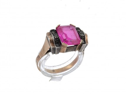 Anel ANTIGO em OURO 19,2k e PRATA 833 - 6 DIAMANTES e RUBI