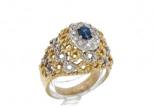 Anel ANTIGO em OURO Bicolor 19,2K - 10 DIAMANTES e SAFIRA
