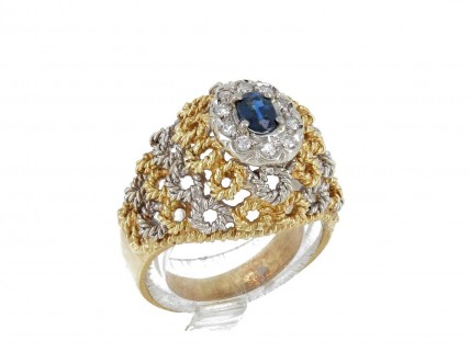 Anel ANTIGO em OURO Bicolor 19,2K - 10 DIAMANTES e SAFIRA