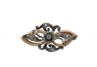 Alfinete ANTIGO em OURO 19,2k, PRATA 833 e 9 DIAMANTES