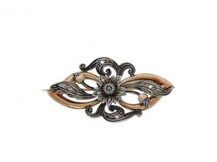 Alfinete ANTIGO em OURO 19,2k, PRATA 833 e 9 DIAMANTES