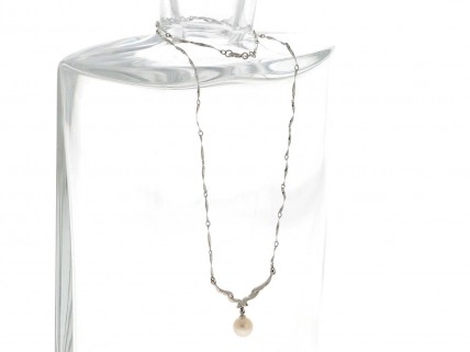 Colar à Princesa em OURO Branco de 18K DIAMANTES e PÉROLA NATURAL