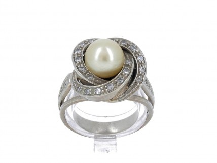 Anel em OURO branco 19,2K - 25 DIAMANTES e PÉROLA NATURAL