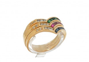 Anel em OURO 19,2K - 15 DIAMANTES, RUBI, ESMERALDA e SAFIRA