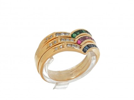 Anel em OURO 19,2K - 15 DIAMANTES, RUBI, ESMERALDA e SAFIRA