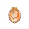 Pingente/Alfinete de Peito CAMAFEU em Ouro de 19,2K - CORAL, RUBIS e 27 DIAMANTES
