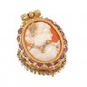 Pingente/Alfinete de Peito CAMAFEU em Ouro de 19,2K - CORAL, RUBIS e 27 DIAMANTES