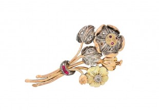 Alfinete em OURO de 19,2K, PRATA 833, DIAMANTES e RUBIS
