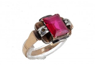 Anel em ANTIGO OURO 19,2K e PRATA 833 - 2 DIAMANTES e RUBI