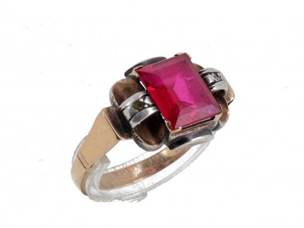 Anel em ANTIGO OURO 19,2K e PRATA 833 - 2 DIAMANTES e RUBI