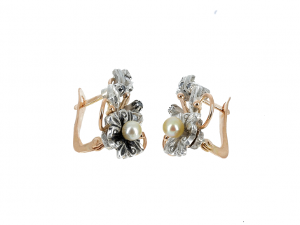 Par de brincos em OURO 19,2K e PRATA 833 - 10 DIAMANTES e PÉROLAS NATURAIS