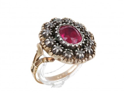 Anel MUITO ANTIGO em OURO Bicolor 19,2K - 12 DIAMANTES e RUBI
