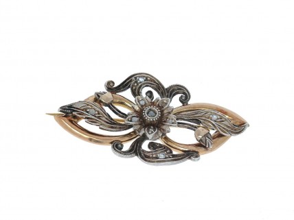 Alfinete ANTIGO em OURO 19,2k, PRATA 833 e 9 DIAMANTES