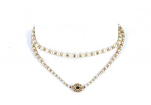 Colar de Pérolas e OURO de 19,2K - 28 DIAMANTES E SAFIRA