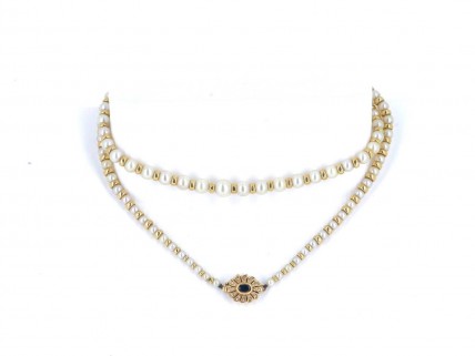 Colar de Pérolas e OURO de 19,2K - 28 DIAMANTES E SAFIRA