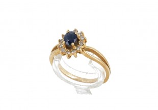 Anel em OURO 19,2K - 12 DIAMANTES e SAFIRA NATURAIS
