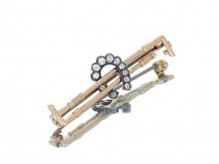 Alfinete ANTIGO em OURO de 14K, PRATA e 11 DIAMANTES