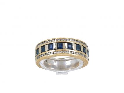 L776-004 Anel em OURO 18K - 56 DIAMANTES e 8 SAFIRAS