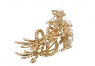 L776-009 Alfinete em OURO 19,2k - 69 DIAMANTES e 3 PÉROLAS