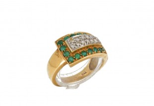 Anel em OURO 18K - 12 DIAMANTES e 17 ESMERALDAS