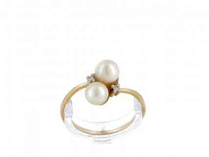 Anel em OURO 19,2K - 2 PÉROLAS e 2 DIAMANTES