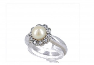 Anel em OURO Branco 19,2K - 10 DIAMANTES e PÉROLA NATURAL