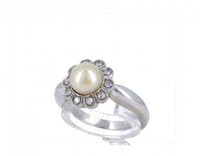 Anel em OURO Branco 19,2K - 10 DIAMANTES e PÉROLA NATURAL
