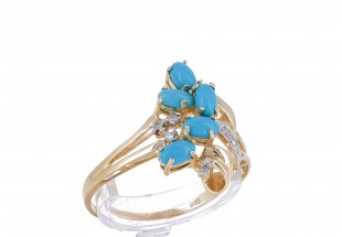 Anel em OURO 14K - 5 DIAMANTES e 5 TURQUESAS