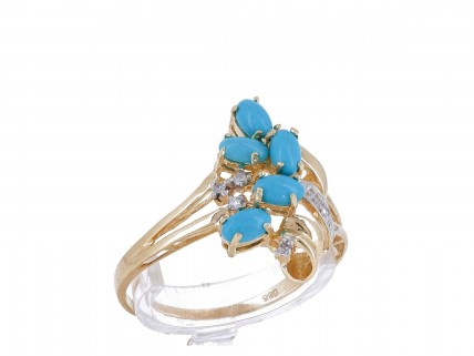 Anel em OURO 14K - 5 DIAMANTES e 5 TURQUESAS