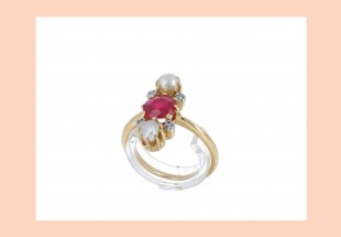 Anel Ouro de 18k DIAMANTES RUBI e PÉROLAS
