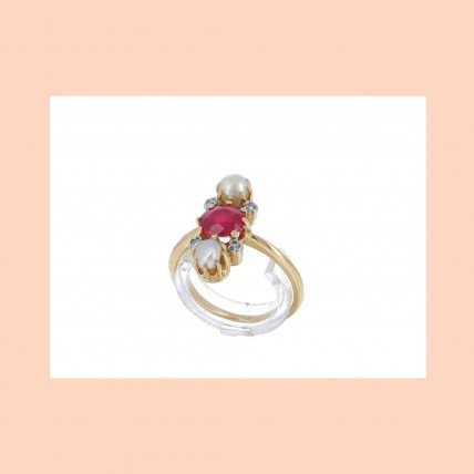 Anel Ouro de 18k DIAMANTES RUBI e PÉROLAS