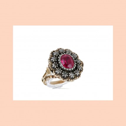 Anel MUITO ANTIGO em OURO Bicolor 19,2K - 12 DIAMANTES e RUBI
