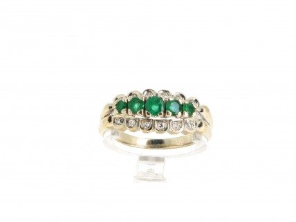 Anel ANTIGO ALTA JOALHARIA com 5 ESMERALDAS e 12 DIAMANTES em OURO 19,2kl