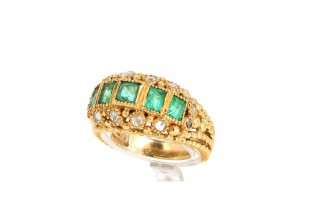 Anel com 5 ESMERALDAS e 12 DIAMANTES em OURO 18 kl