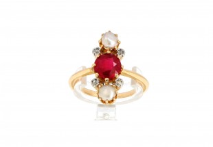 Anel Alta Joalheria Ouro 18klt, RUBI, DIAMANTES E PÉROLAS NATURAIS