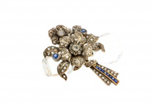 Alfinete Peito ANTIGO com 97 DIAMANTES e 10 SAFIRA, em OURO 19,2 kl e PRATA