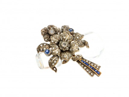 Alfinete Peito ANTIGO com 97 DIAMANTES e 10 SAFIRA, em OURO 19,2 kl e PRATA