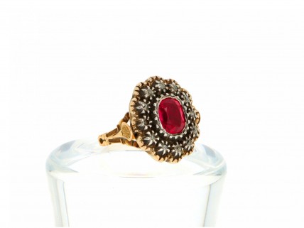 Anel ANTIGO com 12 DIAMANTES e 1 RUBI em OURO 19,2 kl e PRATA