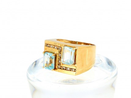 Anel com 1 TOPÁZIO, 1 ÁGUA MARINHA e 10 DIAMANTES em OURO 18 kl